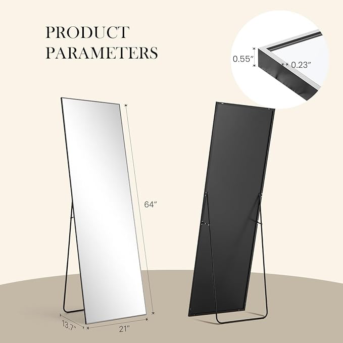 DUMOS 64"x21" Full Length Mirror, Full Body Mirror with Aluminum Alloy Thin Frame, Standing Mirrors with Leaning or Hanging, Suitable for Bedroom, Livingroom, Cloakroom, Black