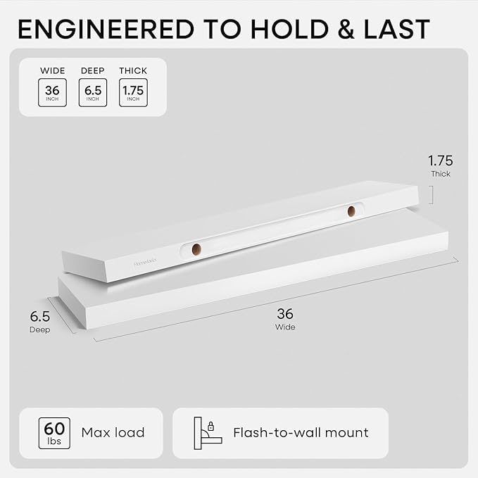 Homeforia White Floating Shelves 36 inch, High End Solid Real Wood 36inch Floating Shelf for Wall Mounted, White Wooden 36in Long Floating Shelves, Heavy Duty Bracket, 36 X 6.5 X 1.75 inches, Set of 4