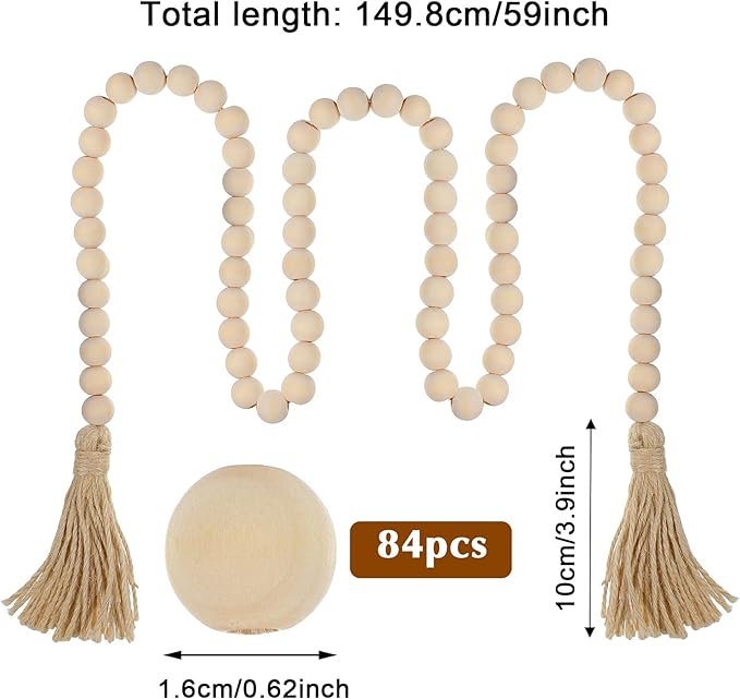 Farmhouse Beads 59 Inch Wood Bead Garland, Decorative Beads Boho Decor with Tassels Wall Hanging Home Decor Rustic Country Decoration Prayer Bead for Dining Table, Shelf, Bedroom (Natural)