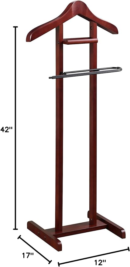 Proman Products Lancaster Suit Valet Stand VL36141 with Tray, Contour Hanger, Trouser Bar, 17" W x 12" D x 42" H, Mahogany