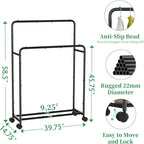 Simple Trending Clothing Clothes Rack Double Rods with Wheels, Rolling Metal Garment Rack for Hanging, Black