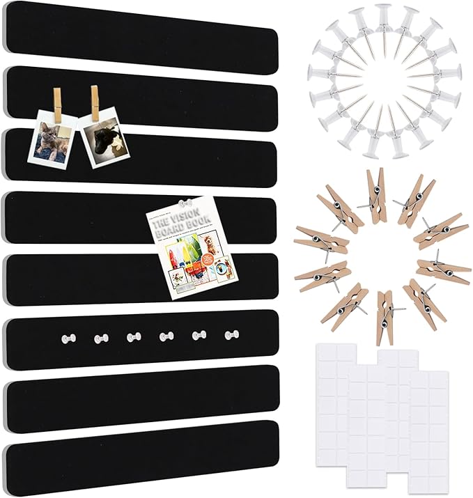 Vuzvuv 8 pcs Bulletin Board Bar Strips No Adhesive Backing with Glue Points ，Self Adhesive Cork Board for Wall，Felt Pin Board for School，Office Decor(Black)