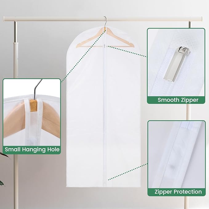 12 Pack Garment Bags for Hanging Clothes - Translucent Dress Bag for Closet Wardrobe Storage Travel - 24" x 49"