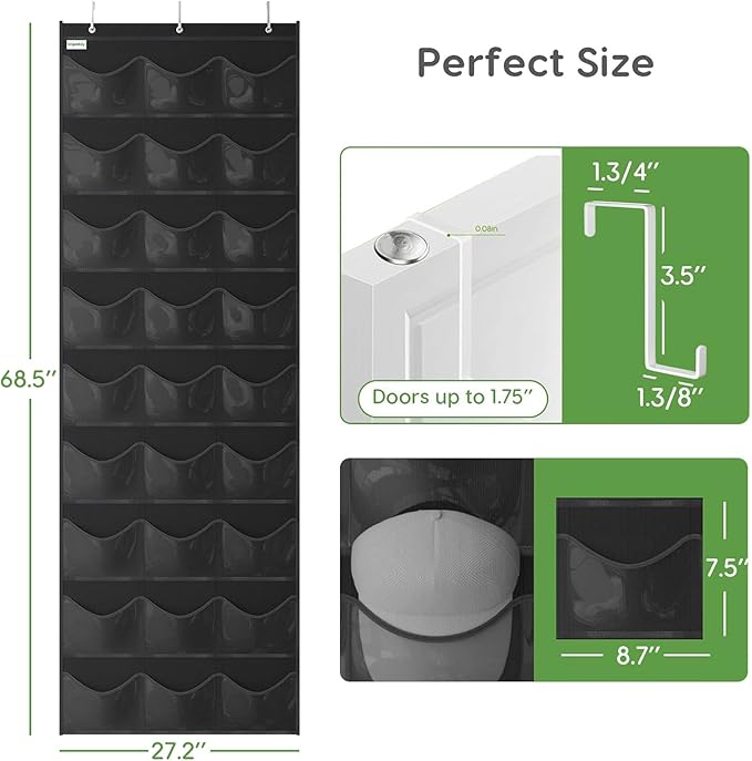 Unjumbly Baseball Hat Rack, 27 Pocket Over-The-Door Hat Organizer with Clear Deep Pockets to Display Baseball Caps Collection, Complete with 3 Over Door Hooks (Black, 27 Pockets)