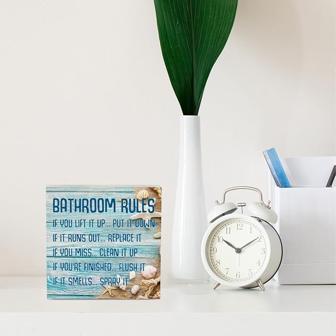 Beach Bathroom Decor Bathroom Rules Starfish Summer Decorations Wooden Box Sign for Home Office Farmhouse Table Shelf