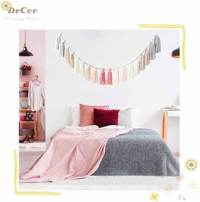 DrCor 16ft Pink & Grey Boho Tassel Garland – Handmade Yarn Bunting Banner for Nursery, Kids Room or Dorm, Baby Shower, Birthday Party Backdrop, or Cozy Home Decor