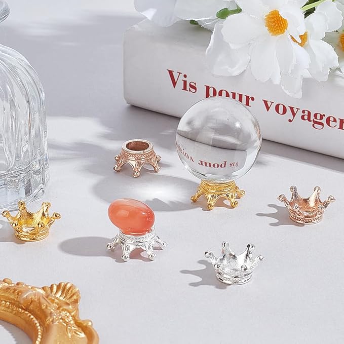 18 Pcs 3 Colors Mini Crown Crystal Ball Stands, Vintage Decor Metal Tabletop Display Pedestals for Natural Crystal Ball Collection and Home Decoration
