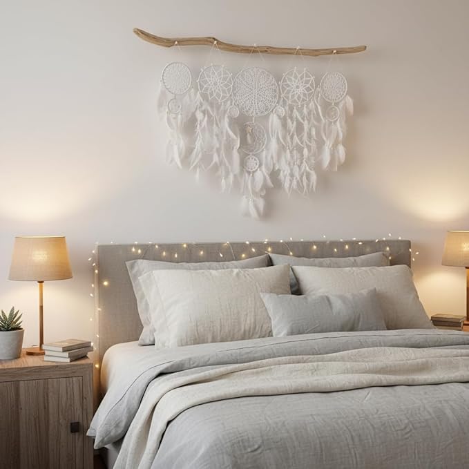 Dream Catchers Boho Wall Decor Macrame Wall Hanging Large Moon Phase Handmade Traditional Dream Catcher for Bedroom Adult Living Room Home Bohemian Decorations,Witchy Gifts(White Set)