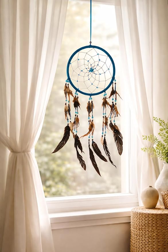 OMA Large Blue Dream Catcher with Turquoise Stones and Feathers, Traditional Dreamcatcher for Bedroom, Living Room, Dorms & Gift - Size – 28” x 9”