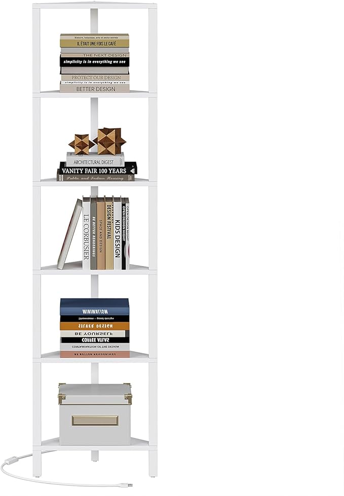 TUTOTAK 6-Tier Corner Bookshelf with LED Light,Corner Shelf for Small Space, Narrow Display Corner Shelf Stand with Storage Rack, for Living Room, Bedroom, Pure White V1BS05BW006L