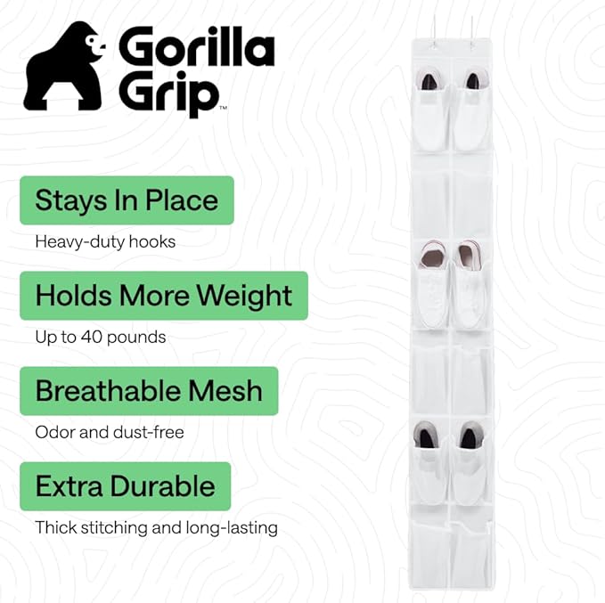 GORILLA GRIP Over the Door Shoe Organizer, 12 Large Breathable Mesh Pockets, Space Saving Hanging Storage Holder, 2 Hook Closet Rack Hanger, Hangs on Closets for Shoes, Accessories, 64H x 9.5W White