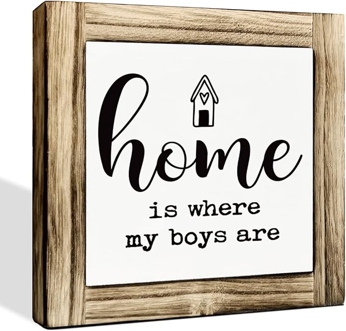 Farmhouse Home Signs, Box Sign Wood Desk Sign Decor, Wood Decoration for Living Room, Shelf Decor, Gift for Boy Mom, Housewarming Gift, Home is Where My Boys are Sign 5.9×5.9 inches