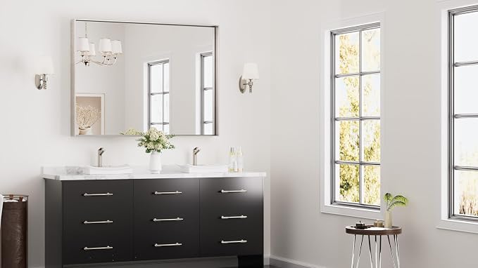 Keonjinn 48 x 36 In Brushed Nickel Bathroom Mirror, Rectangular Metal Framed Wall Vanity Mirror for Over Sink Square Corner Aluminum Alloy Modern Farmhouse Rectangle Silver Mirror(Horizontal/Vertical)