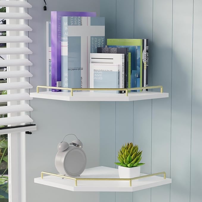 Tirzah White Wall Mount Corner Shelf with Gold Metal Guardrail, 2-Tier 9.5-inch Diamond-Shaped Wood Corner Floating Shelves for Home Decor Kitchen Organizer