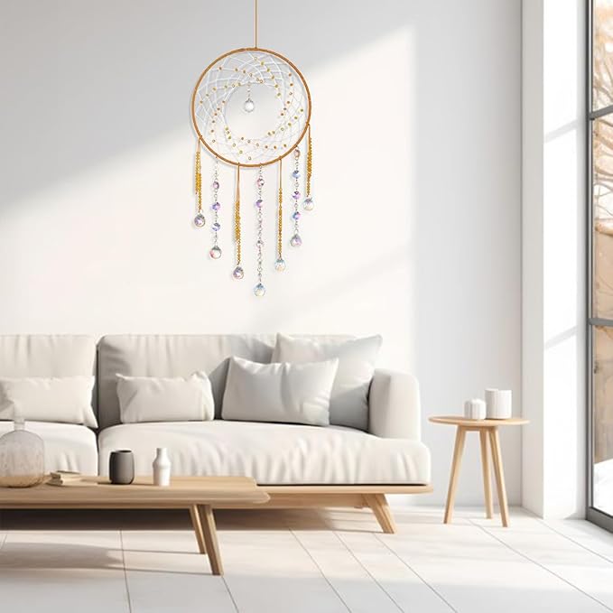 Artilady Dream Catchers with Crystals - Large Boho Yellow Moon Dream Catcher Wall Decor House Decorations for Home Girls Kids Baby Bedroom Room Decor Christmas Birthday Teen Girl Boys Gifts