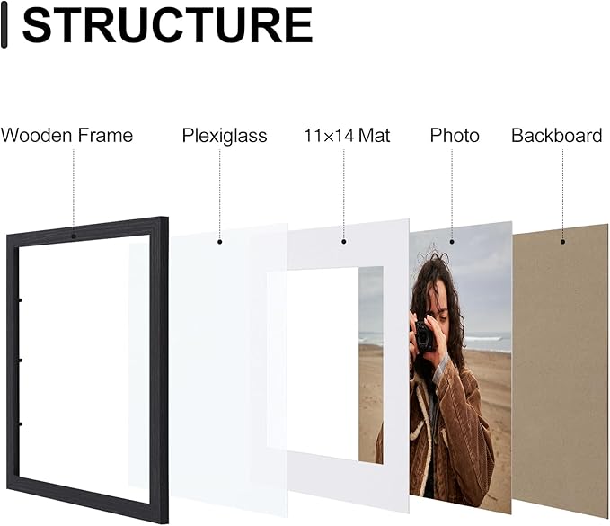 Vittanly 12x16 Picture Frames Set of 9, Shatter Resistant Plexiglass, Display 11x14 Pictures with Mat or 12x16 without Mat, Photo Frames for Wall Mount, Engineered Wood, Black