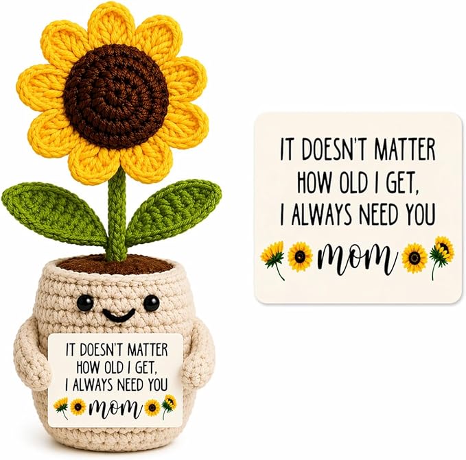 Velyra Crochet Sunflower Pot for Mom, Handmade Knitted Flower with Message Card, Cute Desk Decor, Mother’s Day Birthday Present for Grandma, Women Keepsake