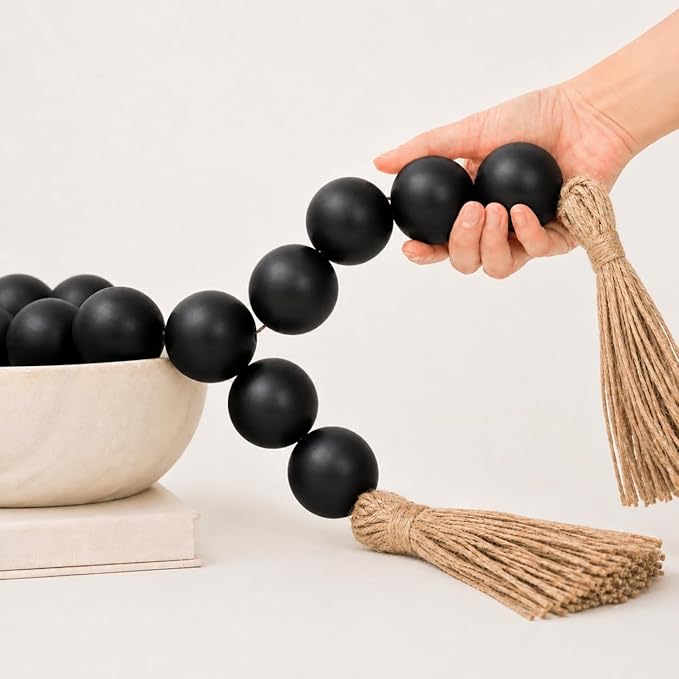 OMISHE 50" Long Extra Large Wood Bead Garland with 1.6" Diameter Wooden Beads and Tassels, Rustic Farmhouse Country Decorative Beads for Home Tiered Tray Decor, Black