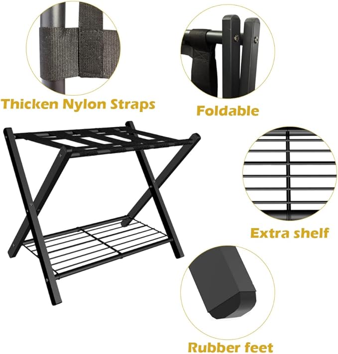 mocomax 2 Pack Folding Luggage Rack for Guest Room, Foldable Suitcase Stand Holder with Metal Storage Shelf for Bedroom, Living Room, Hotel Essentials, Heavy Duty Steel Frame, Black
