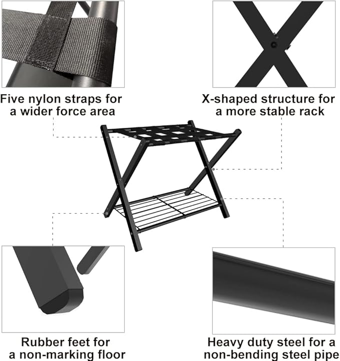 Folding Luggage Rack for Guest Room, Metal Foldable Suitcase Stand Holder with Metal Shelf for Bedroom, Black, 2pack