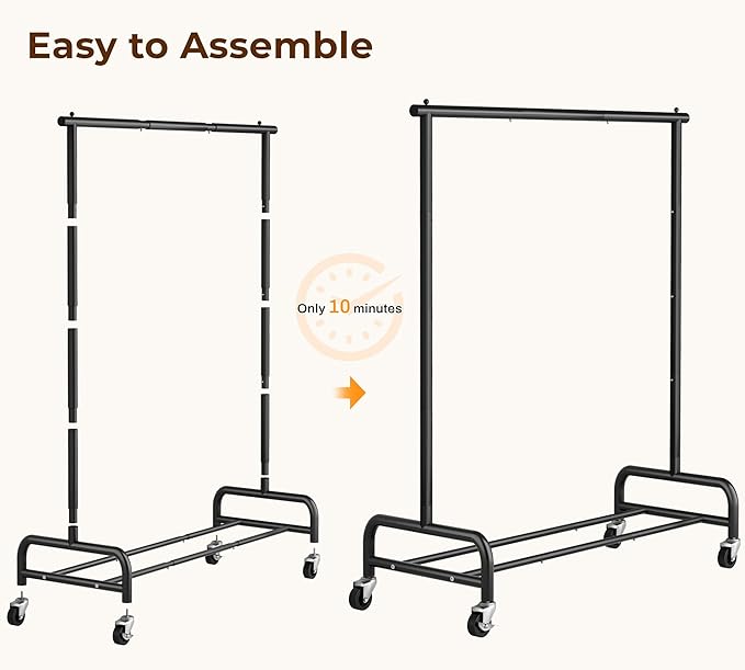 MISSLO Heavy Duty Clothes Rack for Hanging Clothes Rolling Clothing Rack Heavy Duty on Wheels for Coat, Garment, Matte Black (Single Rod)