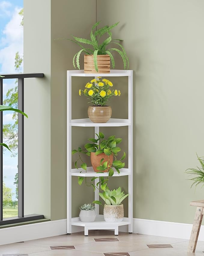 Hzuaneri Corner Shelf Stand, Corner Bookshelf, Storage Standing Shelf Unit with Metal Frame, Plant Stand, Bookcase for Living Room, Home Office, Bedroom, 4-Tier White CS05813W