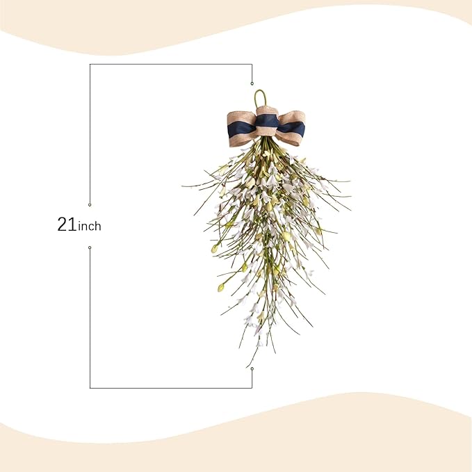 Forsythia Spring Teardrop Swag, 2Pcs Artificial Spring Summer Floral Hanging Swags with Bow for Door Wall Mantel Window Wedding Home Decor (White)