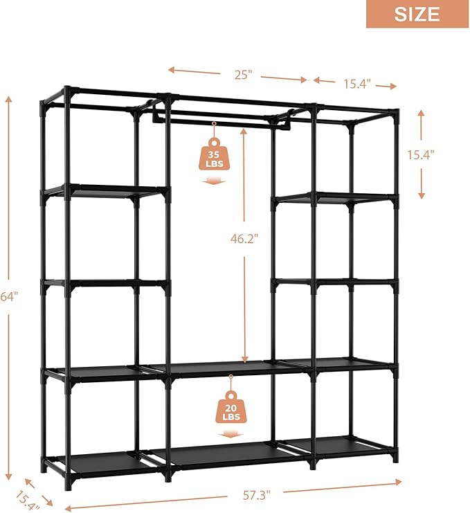 Portable Closet for Hanging Clothes 57.3 Inch Large Capacity Wardrobe Closet with Cover, 8 Pockets and 1 Hanging Rod, Easy Assembly Closet Organizer for Bedroom, Black