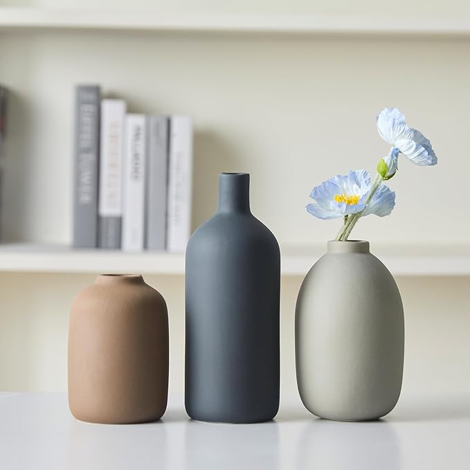 Ceramic Vase Set of 3,Neutral Modern Vases for Bouquet Pampas Grass Dried Fresh Flowers,Rustic Home Decor for Living Room,Bedroom Entryway