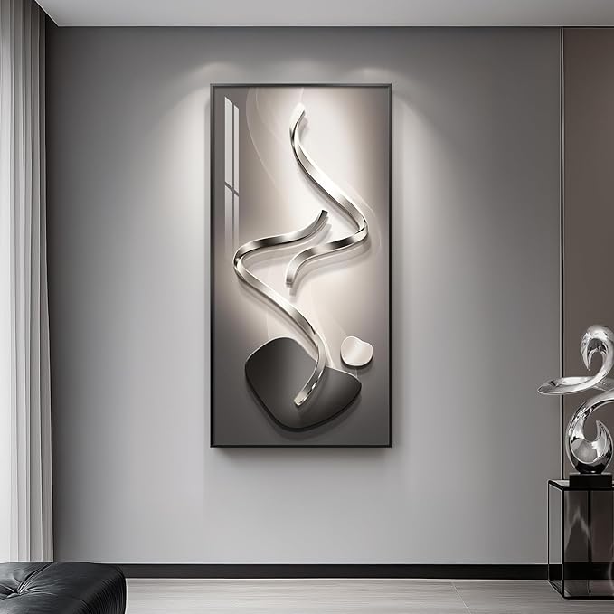 Large Framed Modern Abstract Vertical Wall Art for Living Room, Black Grey Prints Paintings Artwork for Walls, Silver Gray Luxury Pictures for Hallway Entryway Foyer Stair Office Wall Decor 30x60 Inch