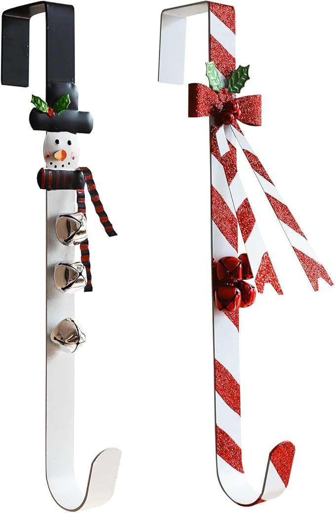 2 Pack Candy Cane Snowman Wreath Hangers for Front Door,Christmas Decoration Metal Over The Door Single Wreath Hook Ornament Door Wreath Hanger,Door Hanger for Wreath Front Door