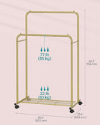 SONGMICS Double Rods Clothes Rack with Wheels, Clothing Rack for Hanging Clothes, Heavy Duty Garment Rack with Mesh Storage Shelf, 2 Brakes, Each Top Rail Holds up to 77 lb, Gold UHSR026A01