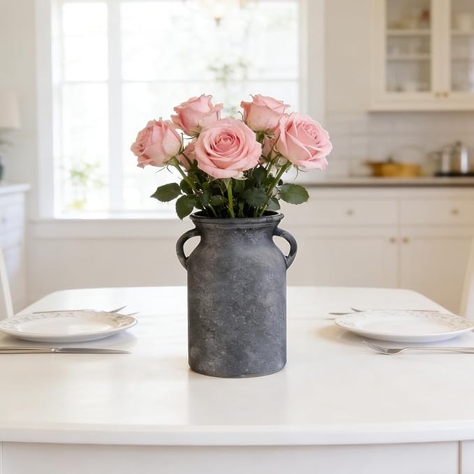Black Glass Vase with Handles - Rustic Imitation Ceramic Flower Vase 8 Inches, Vintage Matte Black Centerpiece Decor for Modern Farmhouse, Industrial Home, Gothic & Minimalist Table Decorations