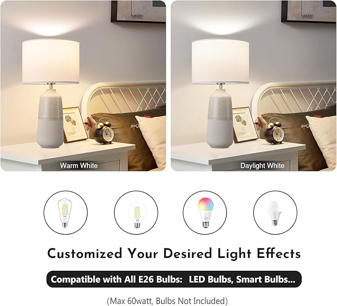 BrightWe Tall Ceramic Table Lamp Set of 2, White Lamps for Bedroom Farmhouse Rustic Lamp Set Bedside Nightstand Lamps Set of Two Side Table Lamps for Living Room, 22IN