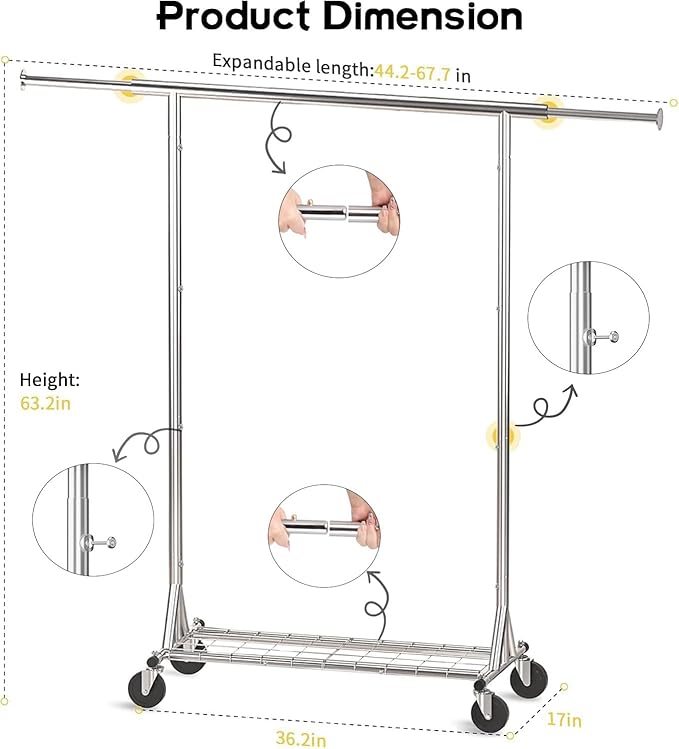 Clothing Garment Rack Capacity 550LBS Rolling Clothes Rack on Wheels - Heavy Duty Commercial Storage Organizer - Mobile Clothes Rack with Multifunctional Design (Silver)