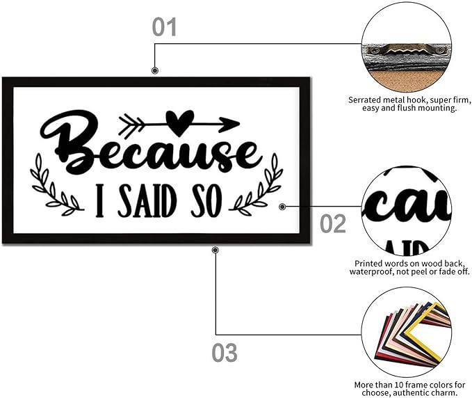 Positive Quotes Wood Sign with Religious Quotes Because I Said So Vintage Style 12x22in Black Frame Wooden Plaque for Cottage Front Door Cafe Bar Farmhouse Porch Wall Decor Birthday Housewarming Gift