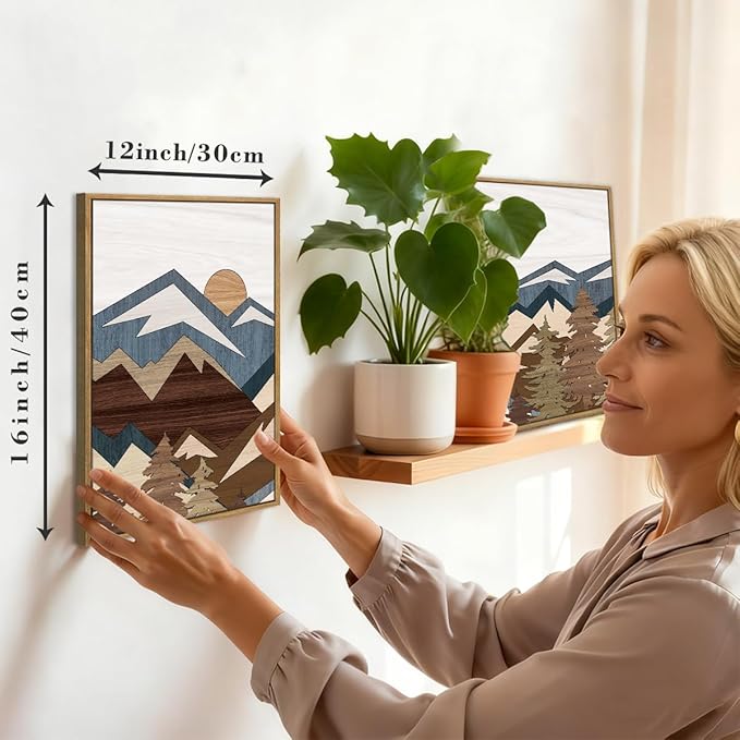 BINCUE Framed Mountain Wall Art Boho Landscape Wall Decor Mountain Artwork Boho Mountains Wall Pictures Landscape Paintings Rustic Farmhouse Decor for Office Living Room Bedroom Office 12" Lx16 W Set of 3