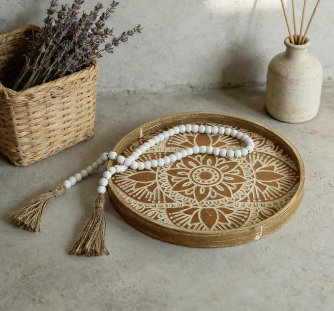 Hanobe Round Decorative Tray for Table: 2Pcs Vintage Coffee Table Trays with Boho Bead Garland for Home Decor - Farmhouse Wood Circle for Kitchen Counter Women