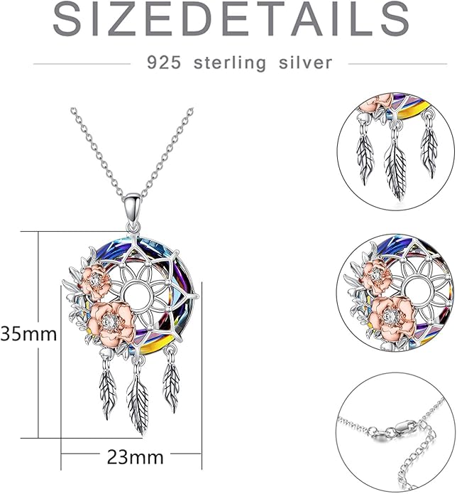 Dream Catcher Pendant Necklace 925 Sterling Silver Synthetic Moonstone Crystal Sunflower Rose Flower Evil Eye Dreamcatcher Cremation Jewelry Gifts for Women Wife Mom