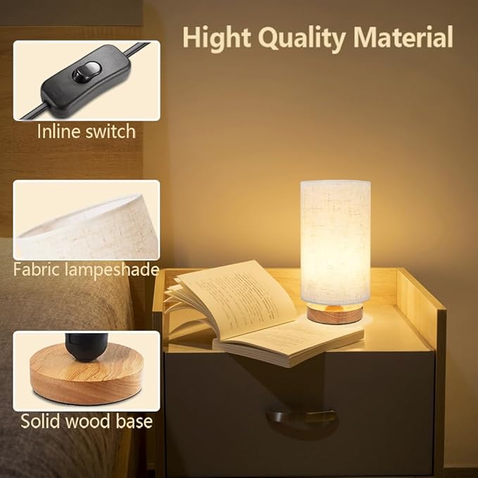 Small Bedside Table Lamp for Bedroom set of 2,Minimalist Wood Base & Round Fabric Shade,Mini Cute Cozy Warm Nightstand Boho Lamp set, Study Desk Night Stand Light for Room, Dorm,Nursery,Living Room