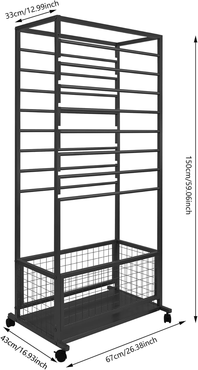 16-Layer Scarf Display Stand, Rolling Scarf Organizer Holder Hanging Rack with Wheels & Storage Basket for Retail Store Boutique Display Bedroom, W26.5*D16.9*H59in (Black)