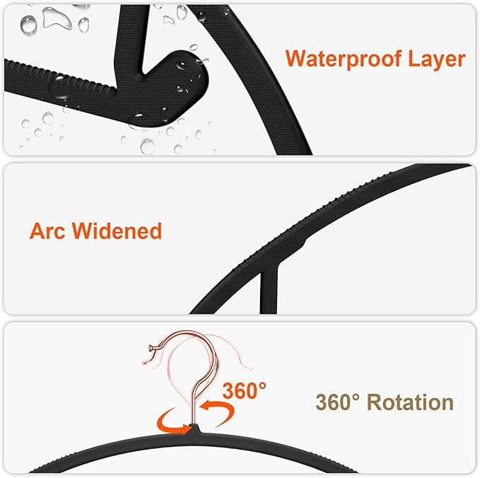 OIKA Hangers 50 Pack No Shoulder Bump - Space Saving Huggable Closet Hangers with 360° Rotating Hooks, Heavy Duty Non-Slip for Shirts, Pants, Coats (Black)