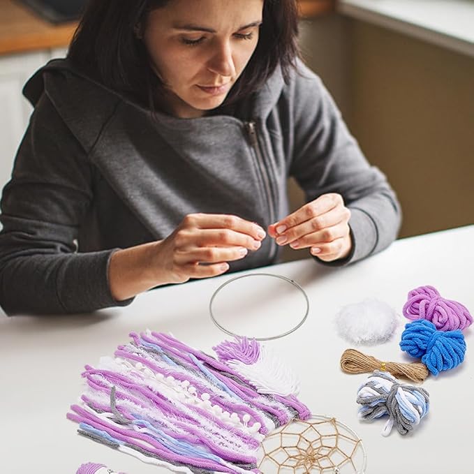 DIY Two-Color Dreamcatcher Kit 2 Set 19.69“ x 5.91“ Boho Purple Blue Wool Yarn Handmade Dream Catcher for Beginner Dream Catcher for Women Gifts DIY Wall Decor for Bedroom, Livingroom
