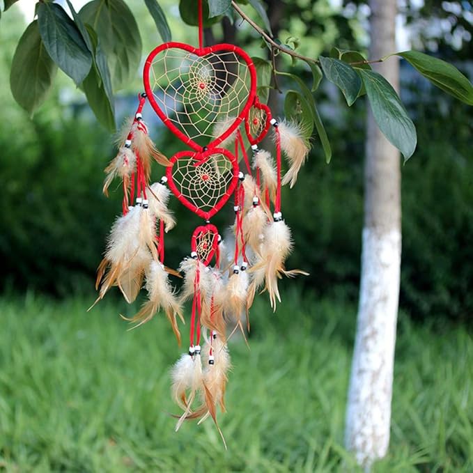 Heart Shaped Dream Catcher with Feathers Car Wall Hanging Decoration (Red)