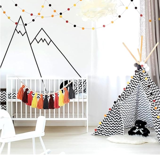 3PCS/Set Boho Tassel Garland,BetterJonny Boho Tassel Garland Wall Hanging Decor Pastel Banner with Wood Beads and 2Pcs Pom Pom Felt Ball for Home and Outdoor Decor