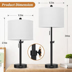 Kondras Table Lamp for Bedroom Set of 2, 23" to 30" Height Adjustable Bedside Lamp with 2 USB Ports, Black Nightstand Lamp with White Shade, Modern Pull Chain Table Lamp for Living Room End Table