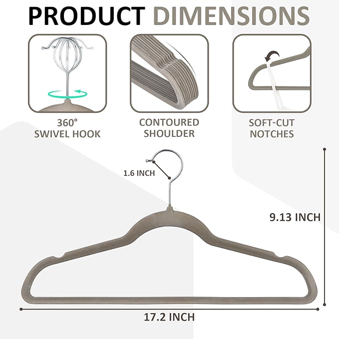 ELONG HOME Velvet Hangers - 50 Pack, Grey Slim Felt Hangers with 360 Swivel Hook, Non-Slip Heavy Duty for Coats & Pants