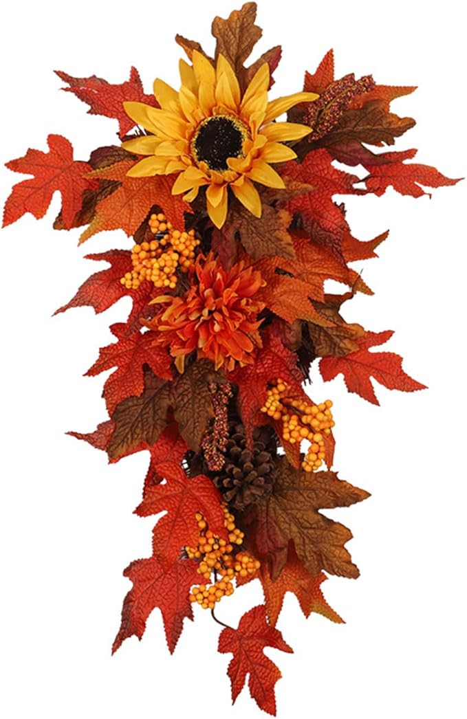 21.7Inch Artificial Fall Harvest Teardrop Swag for Front Door Orange Maple Faux Fall Leaves Hanging Vine with Pinecone Sunflower Harvest Autumn Floral Swag for Home Wall Decor