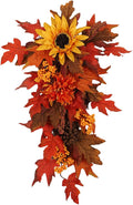 21.7Inch Artificial Fall Harvest Teardrop Swag for Front Door Orange Maple Faux Fall Leaves Hanging Vine with Pinecone Sunflower Harvest Autumn Floral Swag for Home Wall Decor