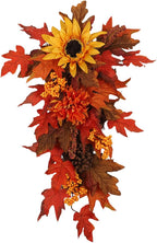 21.7Inch Artificial Fall Harvest Teardrop Swag for Front Door Orange Maple Faux Fall Leaves Hanging Vine with Pinecone Sunflower Harvest Autumn Floral Swag for Home Wall Decor